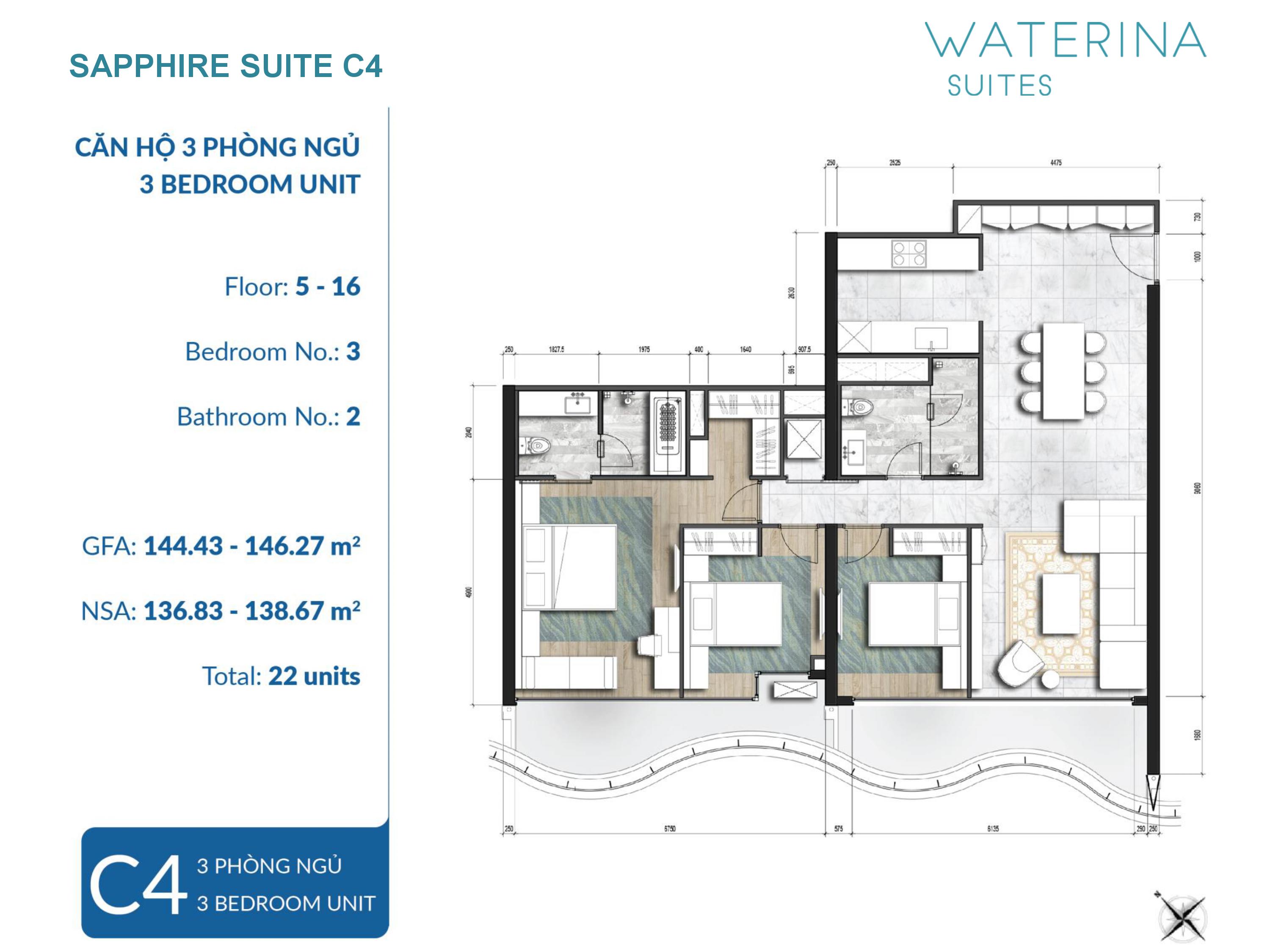 Cho thuê căn hộ 3PN dự án Waterina Suites Quận 2 - 144 m2 Cho thuê căn hộ 3PN dự án Waterina Suites Quận 2 - 144 m2