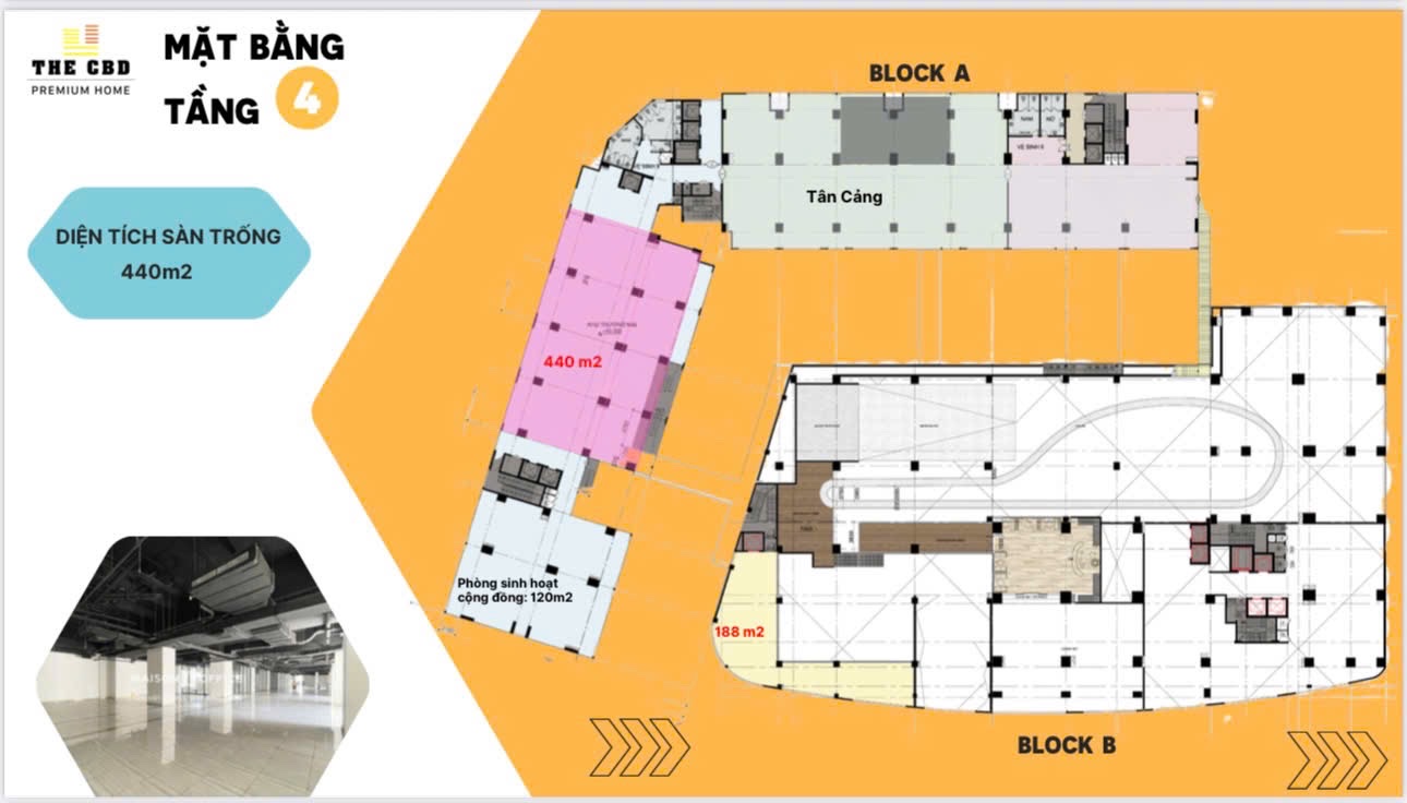  Sàn thương mại chung cư CBD cho thuê :  Tầng 4 - 380m2 - giá 9$ 